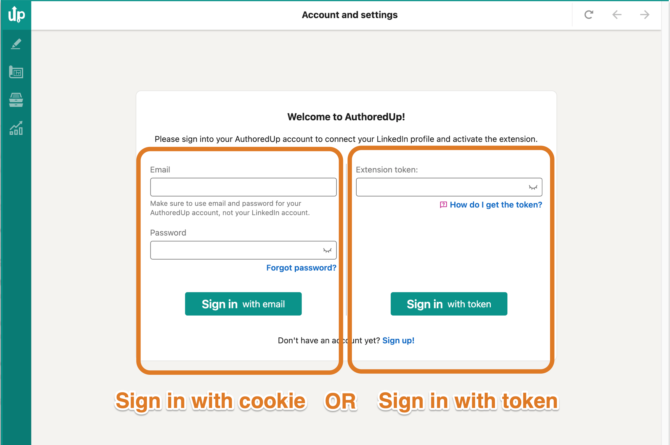 The screen showing two ways to log in to AuthoredUp extension on LinkedIn